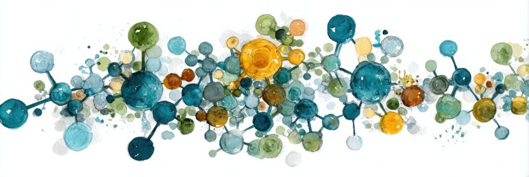 Vibrant circles and dots form an abstract depiction of molecular structures, showcasing a blend of colors in a creative arrangement across a white background.