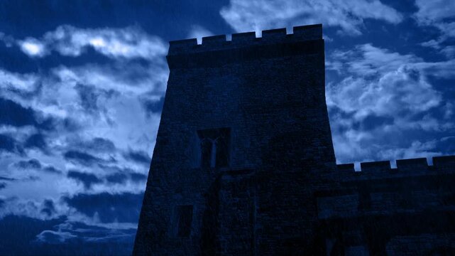 Lightning And Rain On Castle Tower At Night
