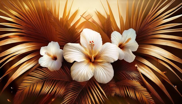 Beautiful Digital Illustration Of White Hibiscus Flowers Surrounded By Tropical Palm Leaves In Golden And Brown Tones - Powered by Adobe