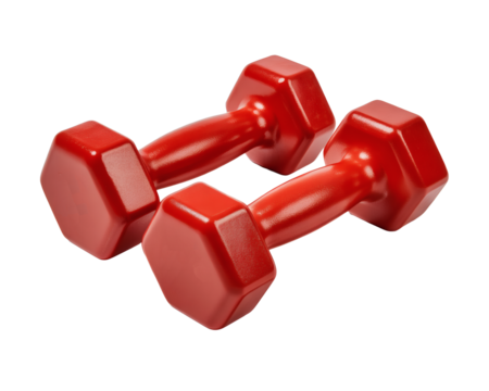 Vibrant red dumbbells ready for intense strength training sessions and achieving fitness goals at home or gym - Powered by Adobe