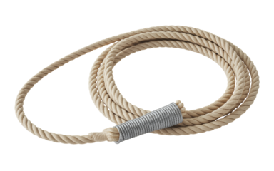 Thick beige rope coiled neatly with a silver metal grip on one end, perfect for adventure and strength concepts