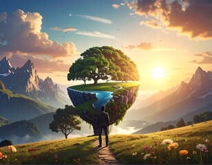 A person gazes towards a surreal floating island with a tree and river, bathed in golden sunlight. Mountain scenery surrounds