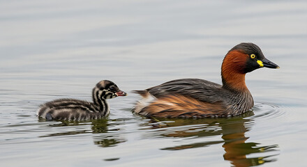 Little Grebe Tachybaptus Ruficollis with a Young Chick on Water Aquatic Wildlife
