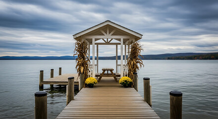 Lakeside Gazebo and Dock Serene Autumn Scene with Corn Stalks and Mums on Tranquil Lake