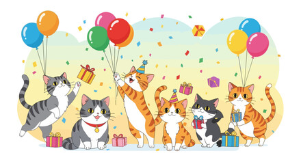 Fototapeta premium Delightful cats celebrating birthday with balloons, gifts, and party hats for charming greeting cards and playful pet-themed designs