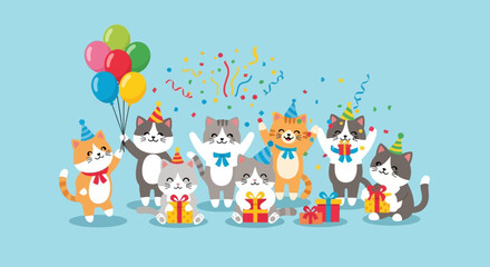 Naklejka premium Adorable cartoon cats celebrating a birthday party with balloons and gifts, perfect for kids birthday invites and cheerful digital marketing campaigns