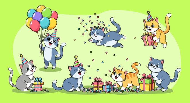 Join the adorable cartoon cats celebrating a whimsical birthday party with balloons, presents, and confetti for a playful, joyful design element