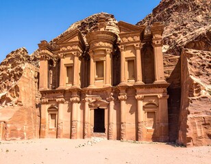 Obraz premium A majestic ancient carved stone structure with columns and intricate details, set against a stunning desert landscape