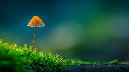 A mushroom is standing on a patch of green grass