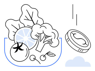 Fresh vegetables, citrus slice, and a falling coin emphasize health, budgeting, and sustainability. Ideal for concepts thumbs up diet planning, financial health, investing, wellness food economy