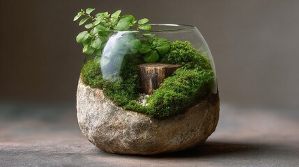 a glass jar filled with moss and plants