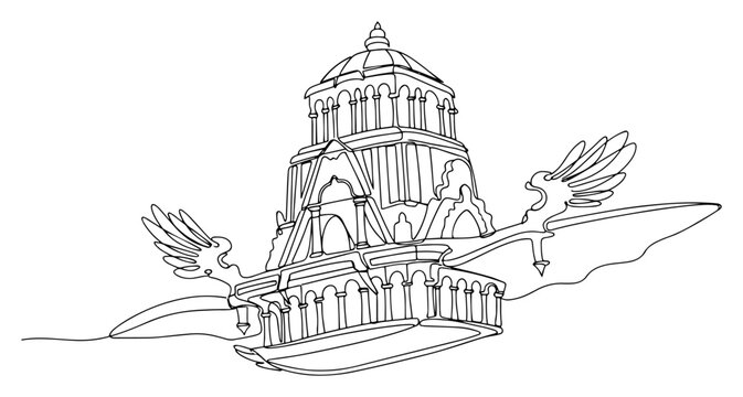 Vimana the mythical flying palace or chariot of Hindu gods carried by a mythical bird. Continuous one line drawing style. Vector illustration.