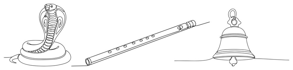 Hindu religious symbols: Cobra snake Krishna's flute and a temple bell. Continuous one line drawing style. Vector illustration set.