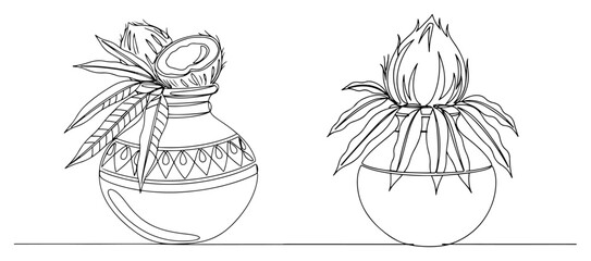 Hindu Kalash Continuous Line Drawing Set. Vector illustration of traditional pots for puja and festivals.