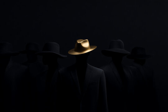mystery film poster, one golden hat stands out among people in black suits and hats blending into the background, featuring modern design and vibrant tones - Powered by Adobe