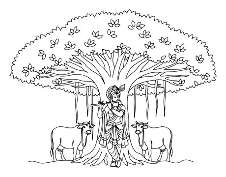 Lord Krishna playing flute under a Banyan tree with cows. Hindu God scene in a detailed line art style. Vector illustration.