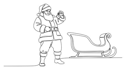 Santa Claus with Sleigh Holding a Christmas Ornament. Continuous One Line Drawing. Vector Holiday Character.