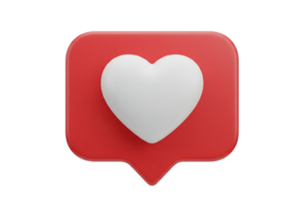 A vibrant 3D render of a white heart inside a red rounded notification icon symbol