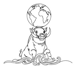 Varaha the Boar Avatar of Vishnu Rescuing the Earth. Hindu Mythology Illustration in One Continuous Line Art.