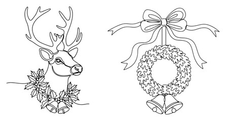 Christmas decoration set: reindeer head and a holiday wreath with bells. Winter symbols in a continuous one line drawing style. Vector illustration.