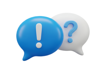 Clean 3D render: blue exclamation mark and white question mark speech bubbles.