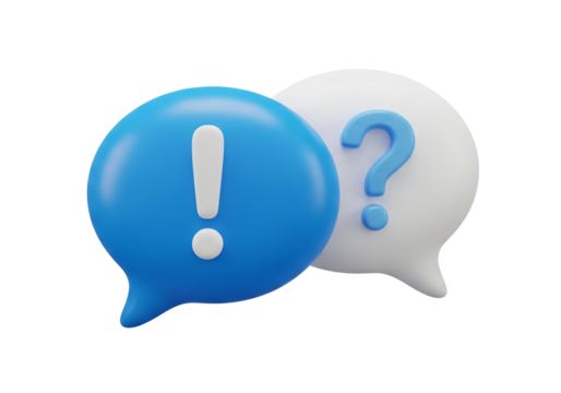 Clean 3D render: blue exclamation mark and white question mark speech bubbles.