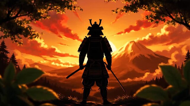 Ancient Samurai Warrior Silhouette Stands Against Fiery Sunset Sky with Majestic Mount Fuji