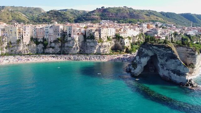 Scenic Aerial View over the waterfront in Tropea, Calabria, Italy