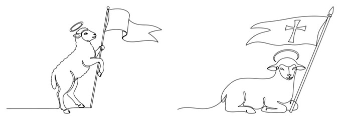 Victorious Lamb of God holding a flag. Christian symbol of the resurrection of Jesus Christ. Continuous one line drawing style. Vector illustration set.