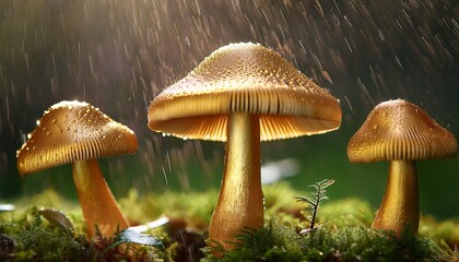 Fototapeta premium Three Golden Mushrooms In The Rain