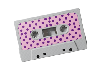 Retro music cassette tape showcasing a cheerful pink and bold purple polka dot pattern