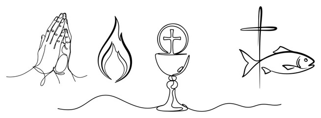 Christian Eucharist Symbols Continuous Line Drawing. Vector Set with Praying Hands Chalice Fish and Holy Spirit Flame.