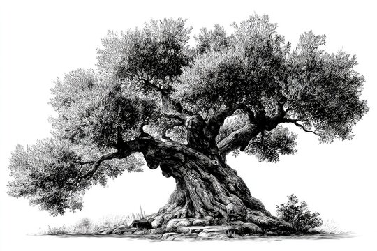 A detailed grayscale drawing of an ancient, gnarled olive tree with thick, twisting branches and a massive trunk, set against a stark white background