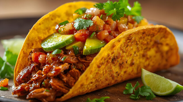 A vibrant taco filled with spiced pulled beef, topped with avocado, salsa, and cilantro.