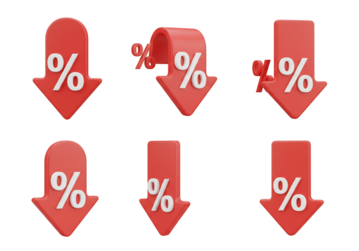 Vibrant Red 3D Percentage Down Arrows Symbolizing Financial Reduction or Sales Discounts - Powered by Adobe