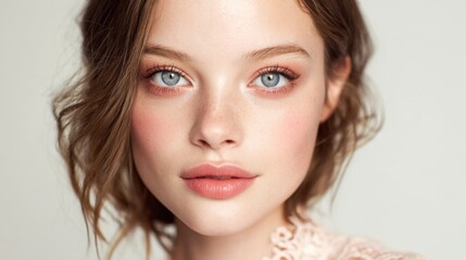 Fototapeta premium A young woman poses for a close-up portrait with striking blue eyes.