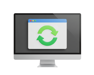 3D Rendered Computer Monitor Displaying a Refresh Icon in a Browser Window on Screen