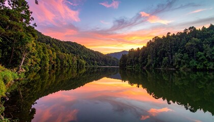 Vibrant Sunset Reflects on a Serene Lake Surrounded by Lush Green Forest Mountains at Dusk