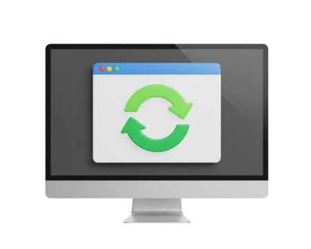 3D Rendered Computer Monitor Displaying a Refresh Icon in a Browser Window on Screen
