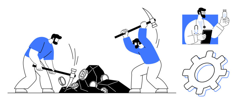 Two workers use pickaxe and hammer to mine resources, doctor advises on health, gear represents efficiency. Ideal for labor, teamwork, technology, healthcare, productivity, industrial development