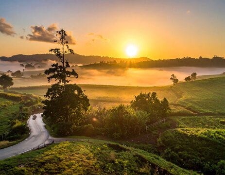 Rolling hills landscape with road beneath a sunlit sky