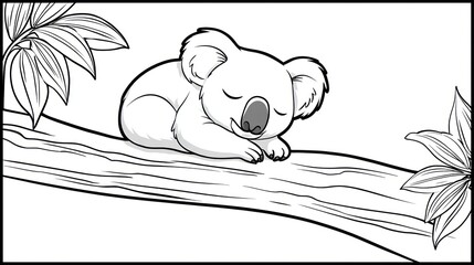 Cartoon koala sleeping peacefully on a tree branch, outlined in black and white