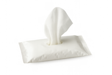 Wet wipe package pulling out tissue, representing personal hygiene, convenient cleansing, and sanitary care