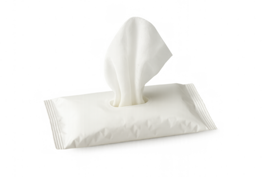 Wet wipe package pulling out tissue, representing personal hygiene, convenient cleansing, and sanitary care