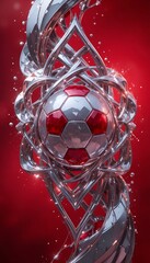Dynamic Metallic Soccer Ball: Chrome & Red Abstract Art