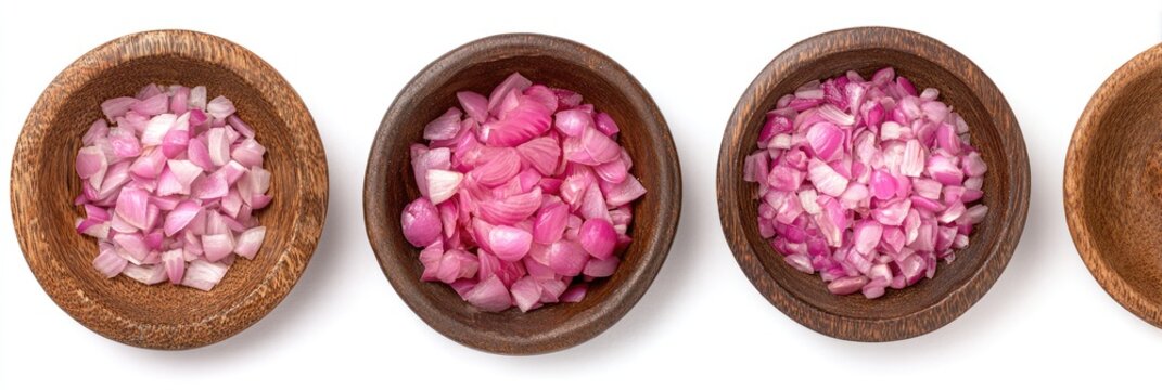 Four wooden bowls of diced pink onions