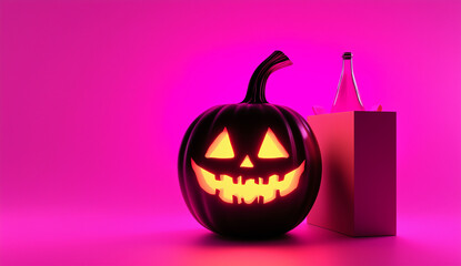 Glowing Halloween pumpkin with neon pink shopping bag and bottle, surreal minimal concept of spooky celebration and modern lifestyle. Perfect for advertising, branding, posters, and social media.