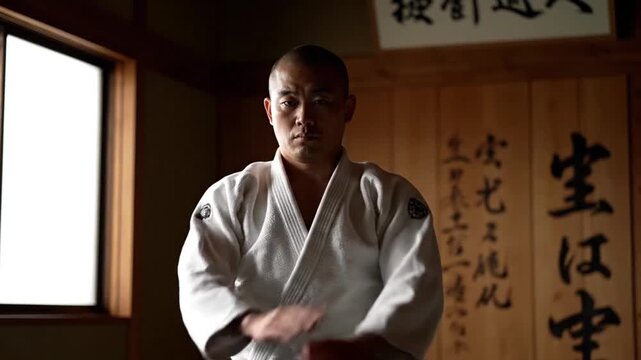 Determined Martial Artist Performs Dynamic Traditional Stances in a Classic Dojo Setting, Showcasing Discipline and Focus