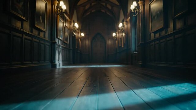 Dramatic Hallway: Gothic Architecture, Mystery, Shadows, and Light.