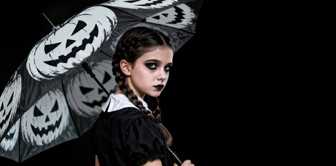 Gothic Girl with Halloween Pumpkin Print Umbrella on Black Background